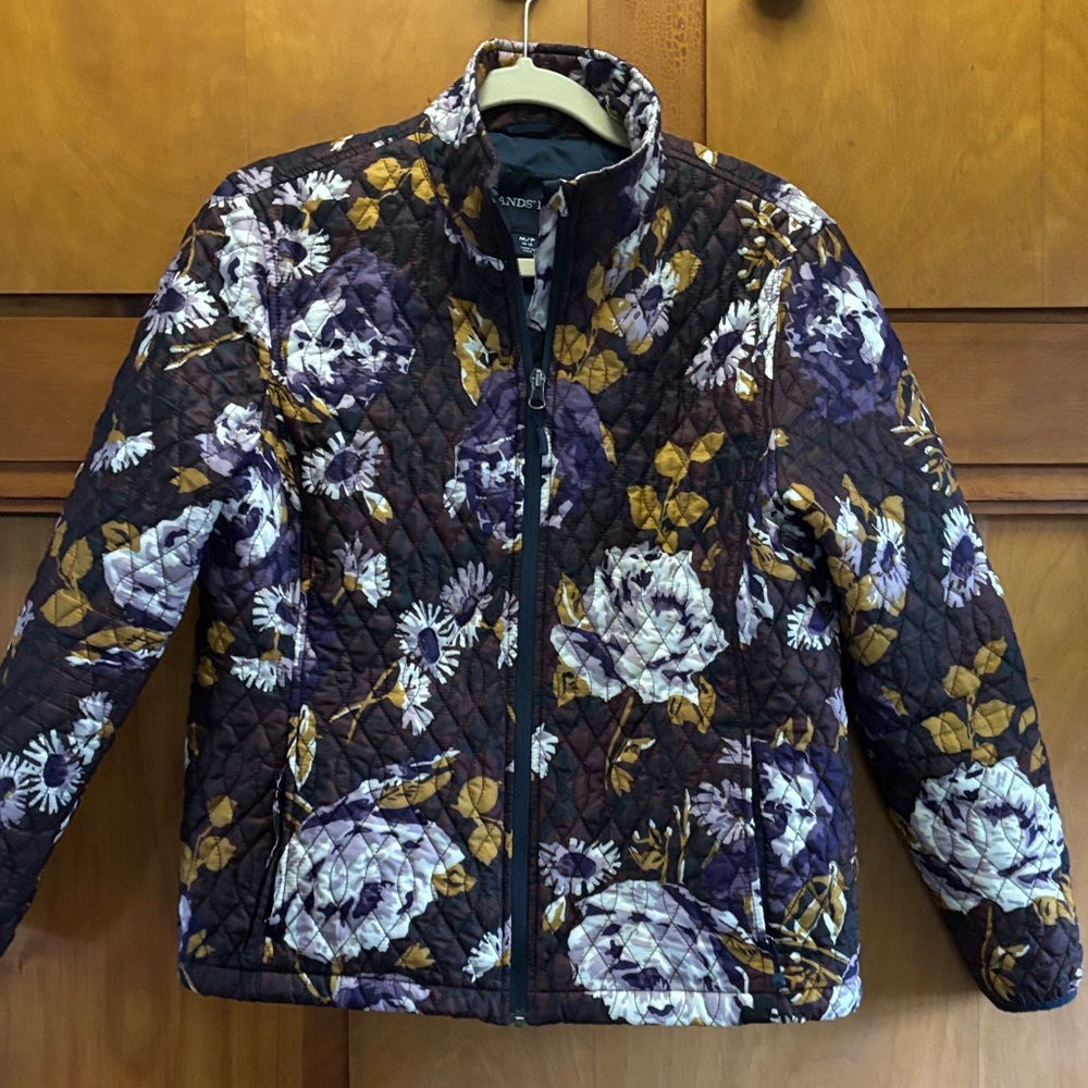 Lands' End Women's Floral Quilted Puffer Jacket - Purple and Gold